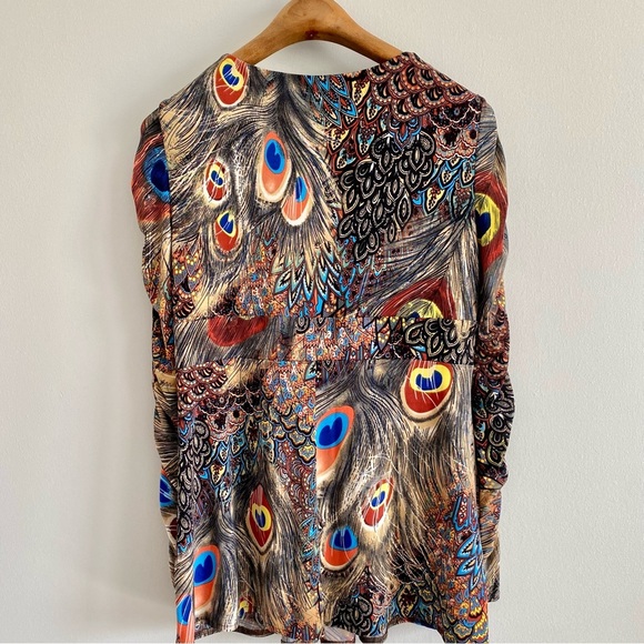 Boston Proper Peacock Feather Print Belted Long Sleeve Top Size Medium - Picture 5 of 5